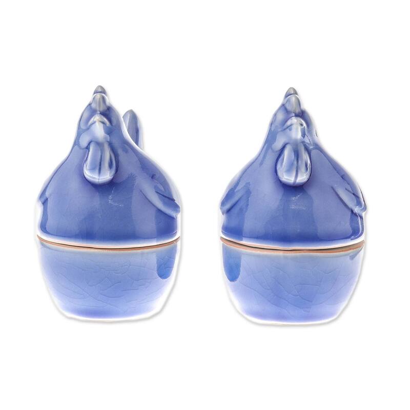 Handmade Hen Breakfast Ceramic Egg Cups (Pair) Thailand - 4.1" H x 3" W x 2.6" D