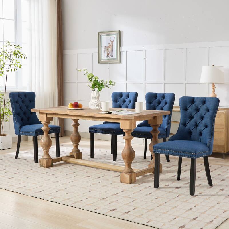 Set of 2 Linen Upholstered Dining Chair with Wood Legs, Nailhead Trim