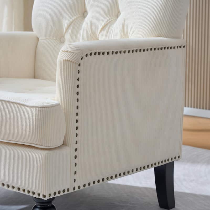 Anmytek Blue Accent Chair, Upholstered Button Armchair, Linen Fabric Sofa Chairs for Bedroom