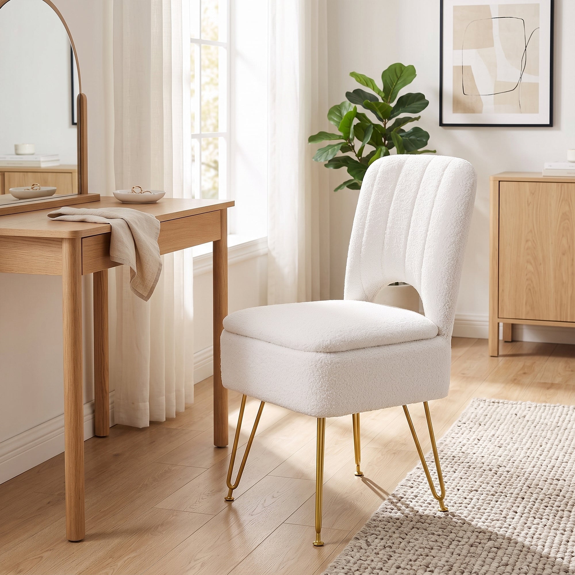 VECELO Vanity Stool with Hidden Storage Sherpa Upholstered Accent Seat with Gold Legs Multipurpose Organizer Chair for Bedroom