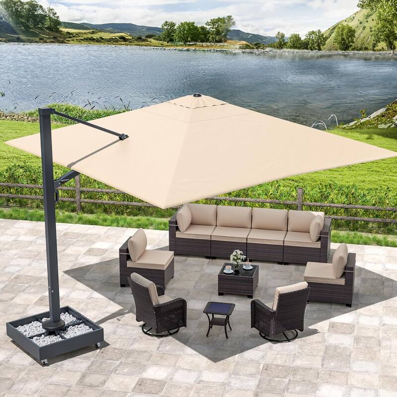 Outdoor Conversation Set, Patio Furniture set with 12FT Patio Umbrella in Khaki and Side Table - Khaki - 11 Pcs