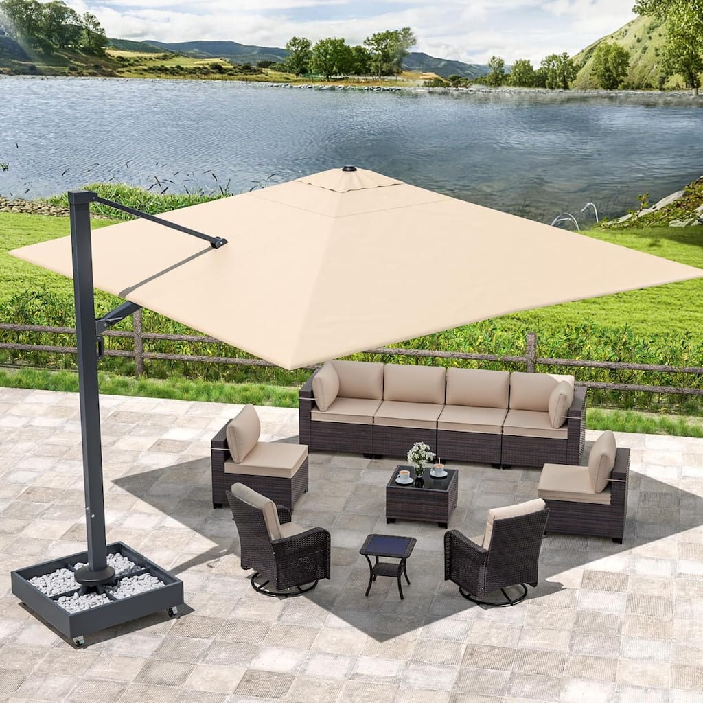 Outdoor Conversation Set, Patio Furniture set with 12FT Patio Umbrella in Khaki and Side Table