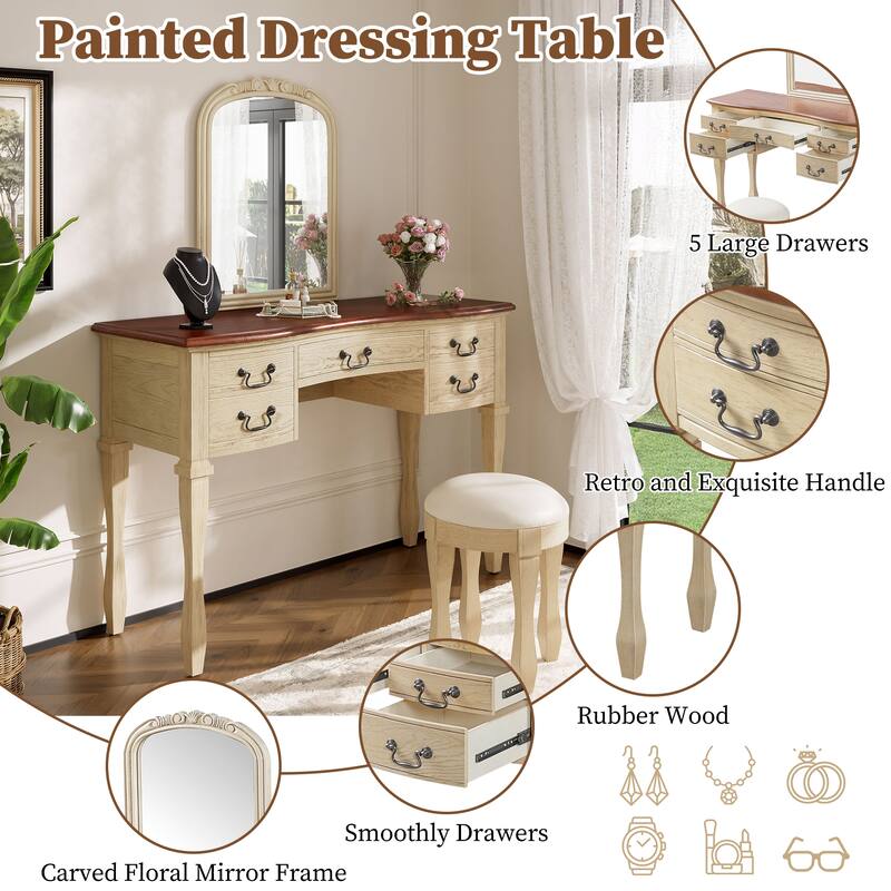 Roomfitters 46" Makeup Vanity with Mirror and Stool, French Country Dressing Table Desk with 5 Drawers, Brown+Antique White