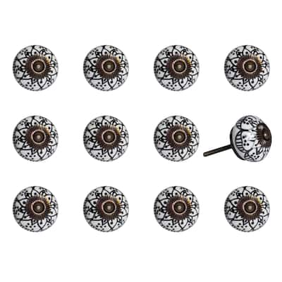 Set of 12 Ceramic Round Cabinet Knobs with Backplate Include and Gold Finish Floral Botanical Design - 1.5” x 1.5” x 1.5”