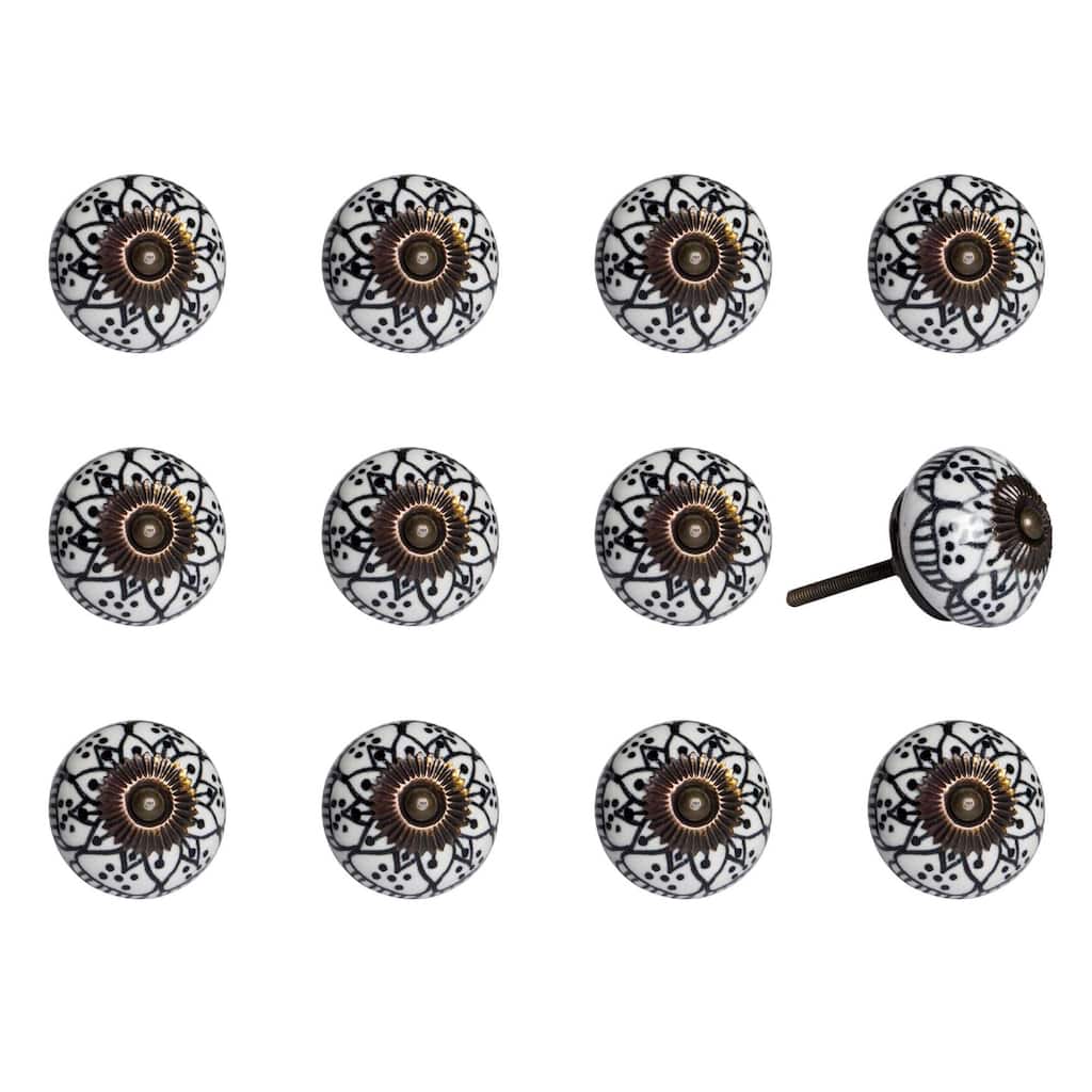 Set of 12 Ceramic Round Cabinet Knobs with Backplate Include and Gold Finish Floral Botanical Design - 1.5” x 1.5” x 1.5”