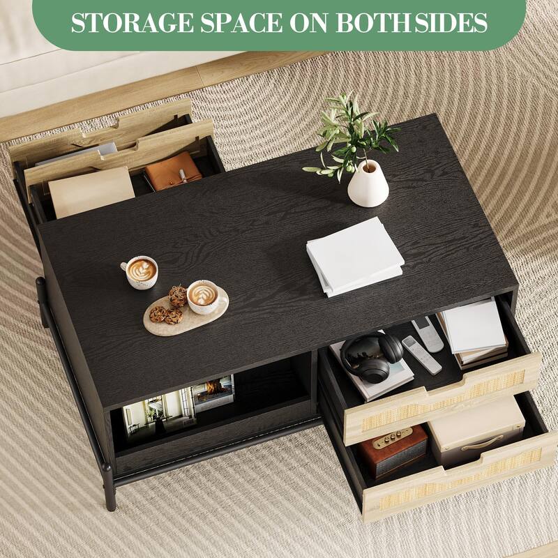 Coffee Table with LED Light,4 Large Storage Drawers and 2 Open Storage Shelf
