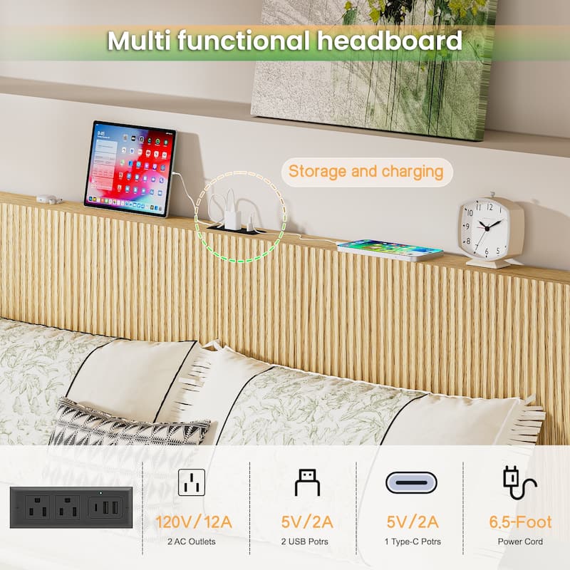 Floating Platform Bed with Charging Station and LED Lights, Wavy Headboard, Heavy-Duty Metal Slats, No Box Spring Required