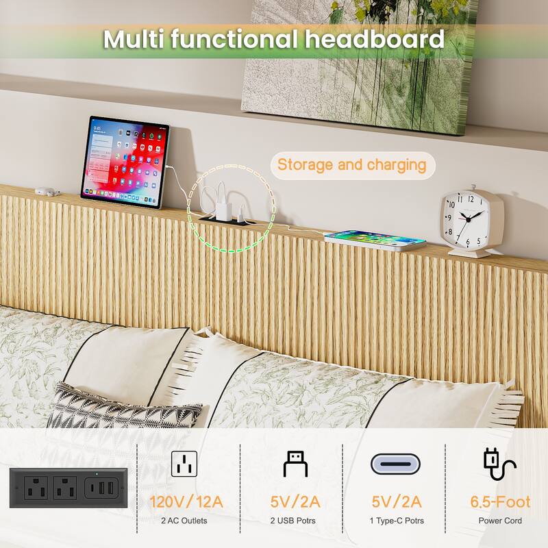 King Wavy Platform Bed Frame, Headboard with Charging Station/Modern Floating Bed with LED Light Strip/Metal Structural Support