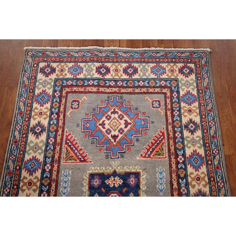 Geometric Kazak Accent Rug Hand-Knotted Traditional Wool Carpet - 3'2" x 5'0"