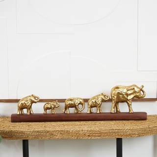 Gold Aluminum Metal Elephant Sculpture with Brown Wooden Base