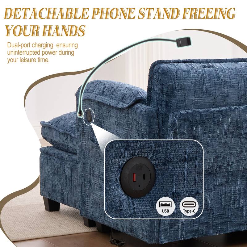 Modern Chenille Chaise Couch L-shaped Sectional Sofa with Storage Ottoman, Phone Holder, USB/Type-C Ports and Side Pockets