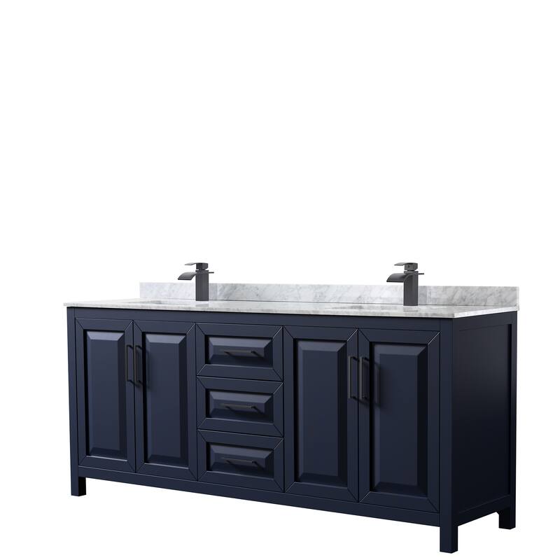 Daria 80-inch Double Vanity, Marble Top, No Mirror - Dark Blue, Black Trim, White Carrara Marble Top