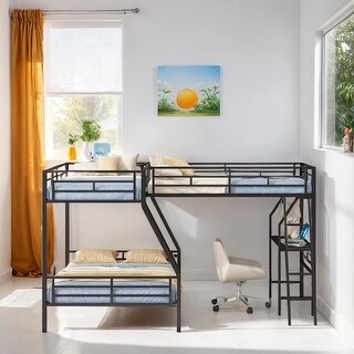 Twin over Full Bunk Bed with a Twin Size Loft Bed Attached, Metal Bed with a Desk, Kid's Friendly Bed with Guardrail, Black