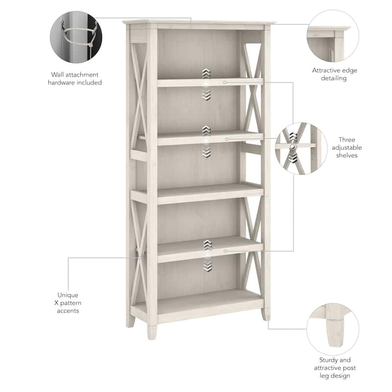 Bush Furniture Key West Tall 5 Shelf Bookcase with Adjustable Shelves