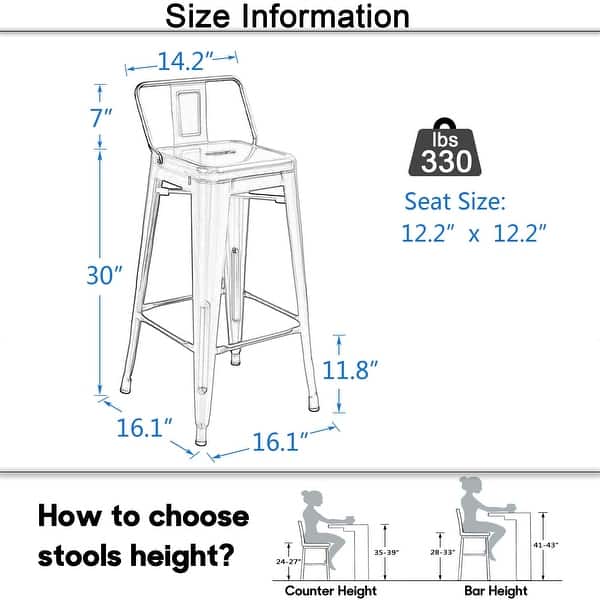 dimension image slide 4 of 8, Metal Bar Stools Set of 4,Bar Stool with Low Back for Indoor/Outdoor Barstools