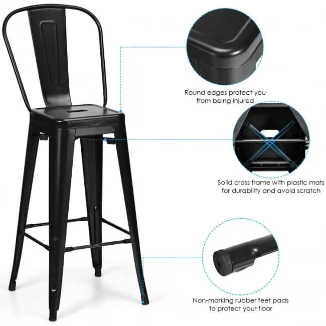 30" Height Set of 4 High Back Metal Industrial Bar Stools - 17" x 17" x 46" (L x W x H)