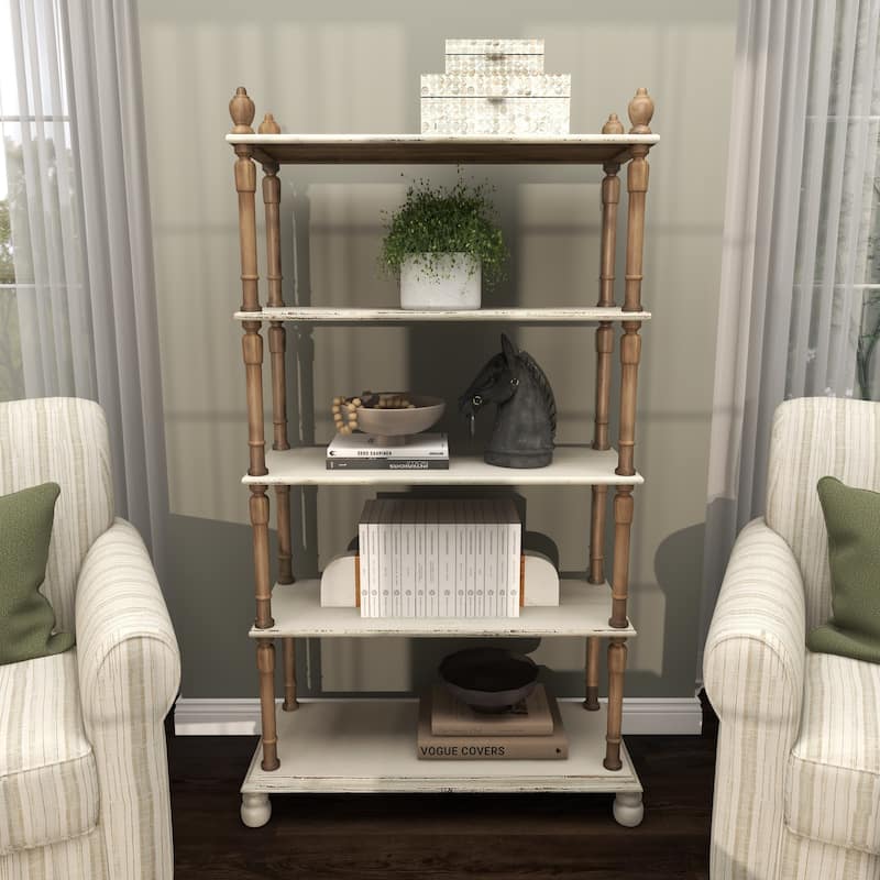 Wood Distressed Turned 5 Shelf Shelving Unit with Brown Spindle Sides and Ball Feet - White - Roche River Decor