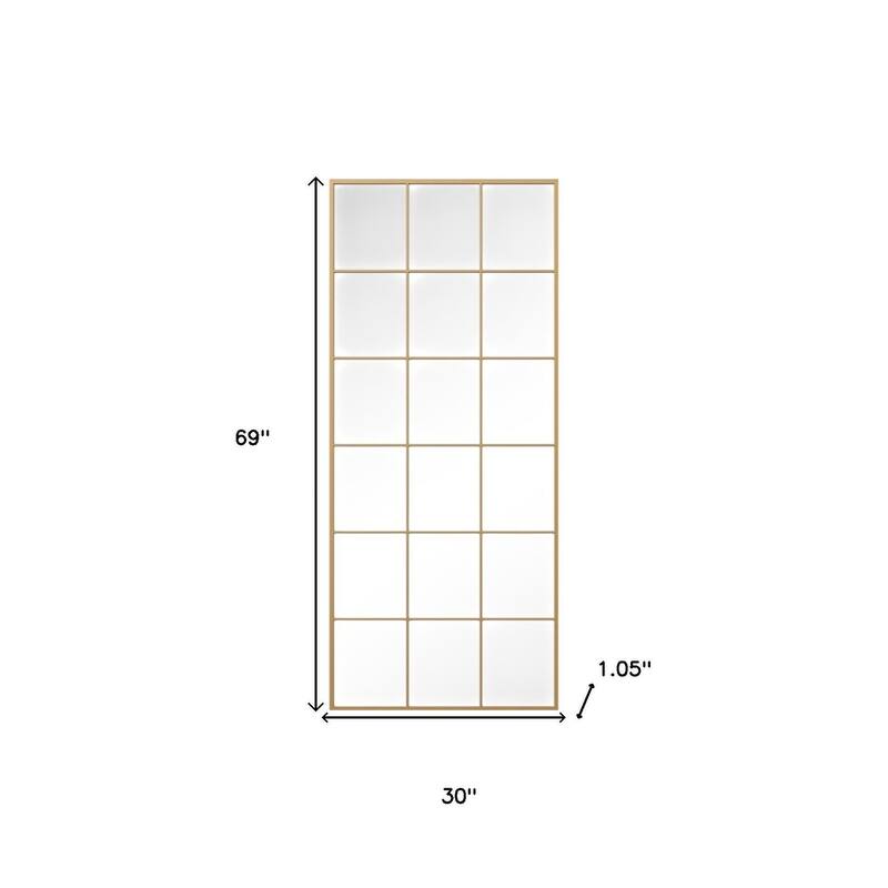 HomeRoots 69" Gold Iron Window Pane Geometric Framed Full Length Hanging Mirror - 30.00 in. x 69.00 in. x 1.05 in.