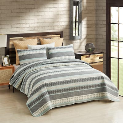 Mint Green and Gray Striped Boho Quilt Set Bedspread