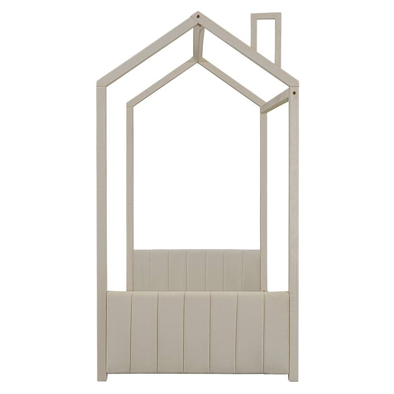Twin Size Velvet House Bed with Roof, Beige - Sturdy Pine Frame, Semi-Enclosed Play Area