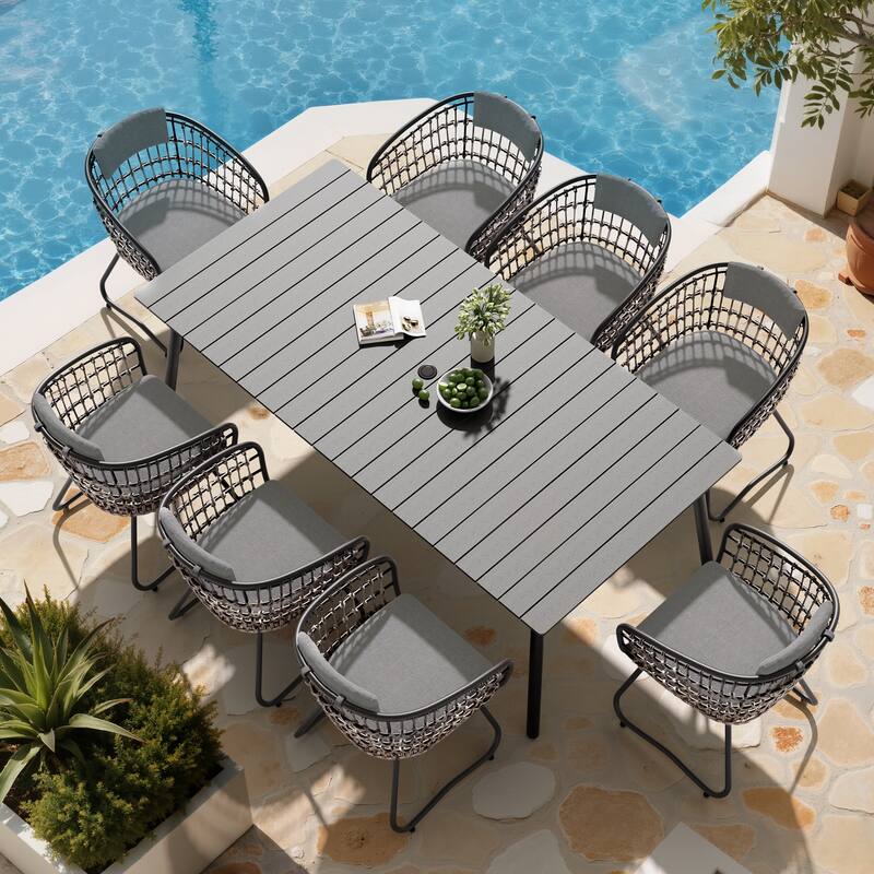9PC Outdoor Patio Dining Set Aluminum Dining Table with PE Rattan Chairs - Set of 9 - GreyTable&GreyChairs