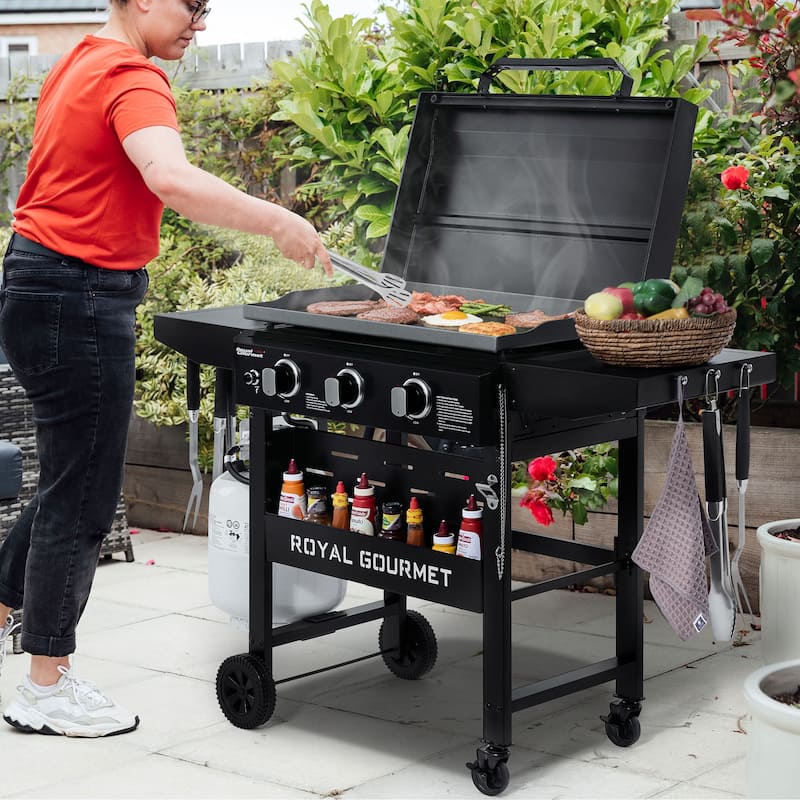 Royal Gourmet GB3000PB 3-Burner Gas Griddle with Hood & Collapsible Side Shelves, 39,000 BTU, 492 Sq. In. Cooking Area