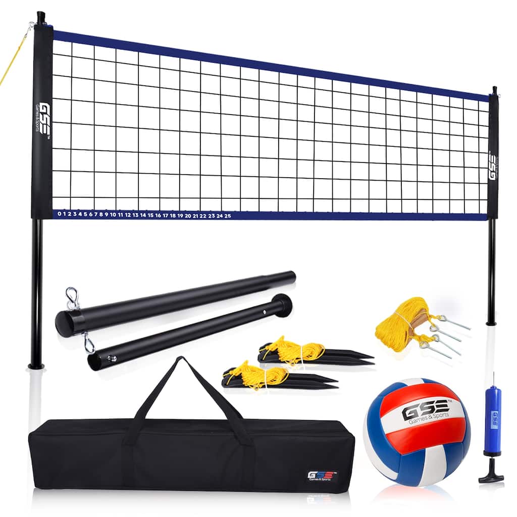 GSE Portable Volleyball Complete Set with Volleyball Net, Volleyball Ball & Pump for Outdoor Backyard Beach - Blue&Black