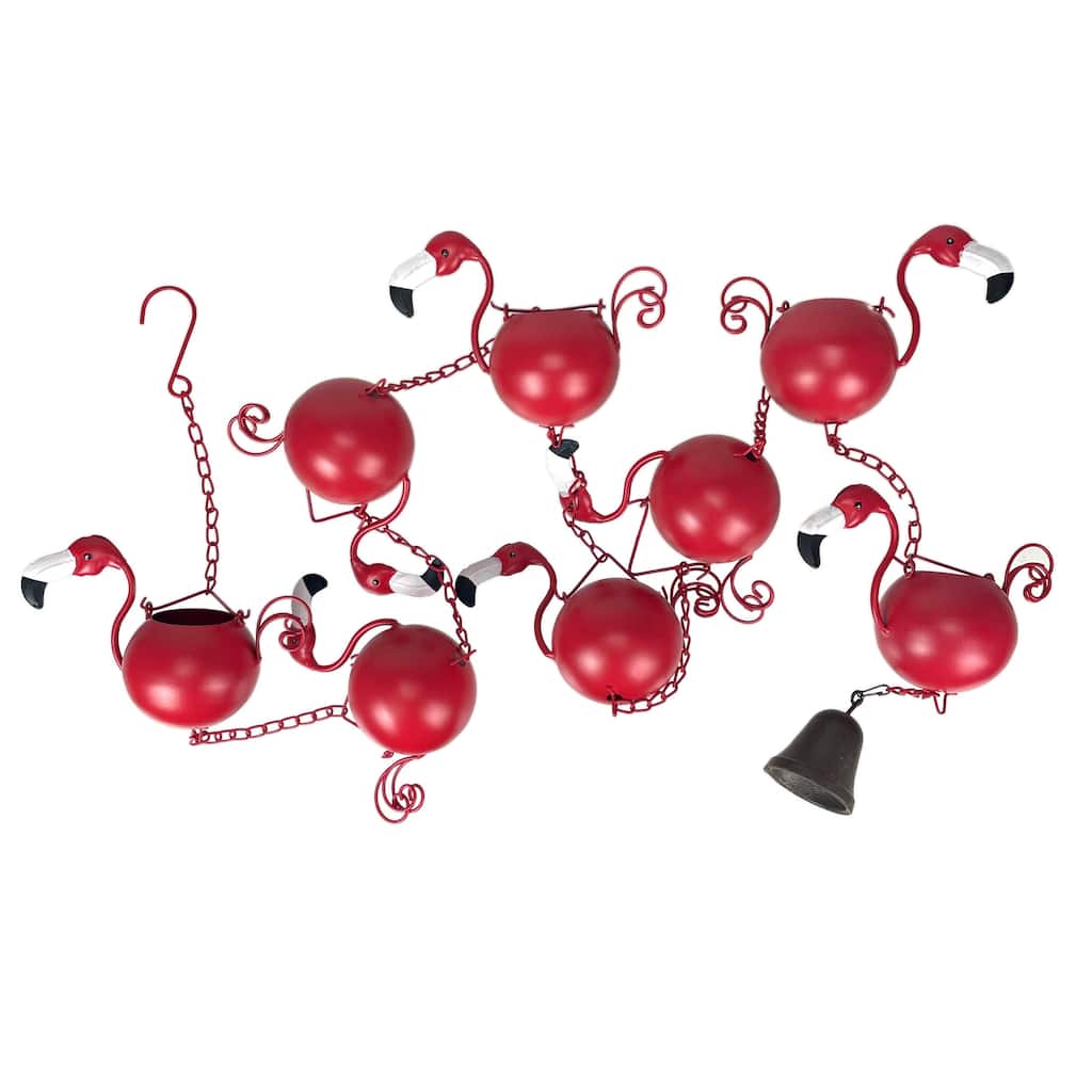 90-Inch Metal Rain Chain - 8 Portly Flamingos, 7" Long Each, Muted Red - 7 X 90 X 3.25 inches