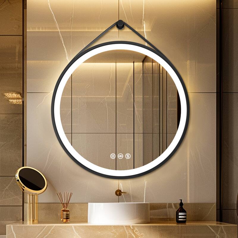 Round Black Framed Bathroom Mirrors Vanity Lighting with Microfiber Leather Hanging Strap - 32" Dia.