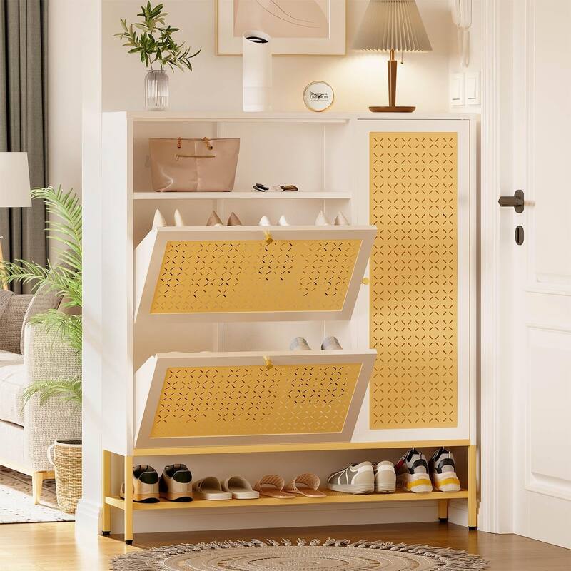 AECOJOY Shoe Storage Cabinet with 2 Flip Drawers with Door & Open Storage - 10.2"D x 43.3"W x 50"H - White