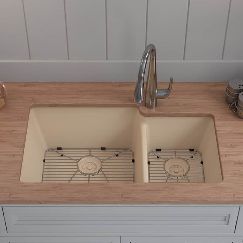 32"x19" Quartz Granite Kitchen Sink, 60/40 Double Bowl Drop-in/Undermount - 19x32