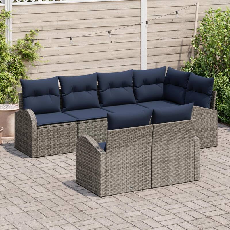 vidaXL 7 Garden Sofa Set with Cushions Black/Brown/Grey Poly Rattan - 92.1 x 48.8 x 27.2