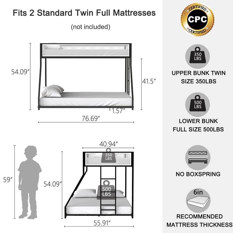 Twin Over Full Bunk Bed with Guard Rail & Stable Ladder, Metal Frame for Kids & Adults, Low Profile Design