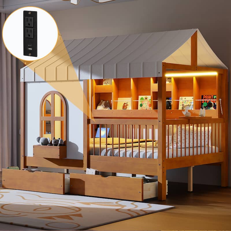 Full Size House Bed Wood Platform Bed with Tent and 21.7 inch Rail, LED Kids Bed with 2 Drawers Side Bookshelf Integrated Socket - Walnut - Full
