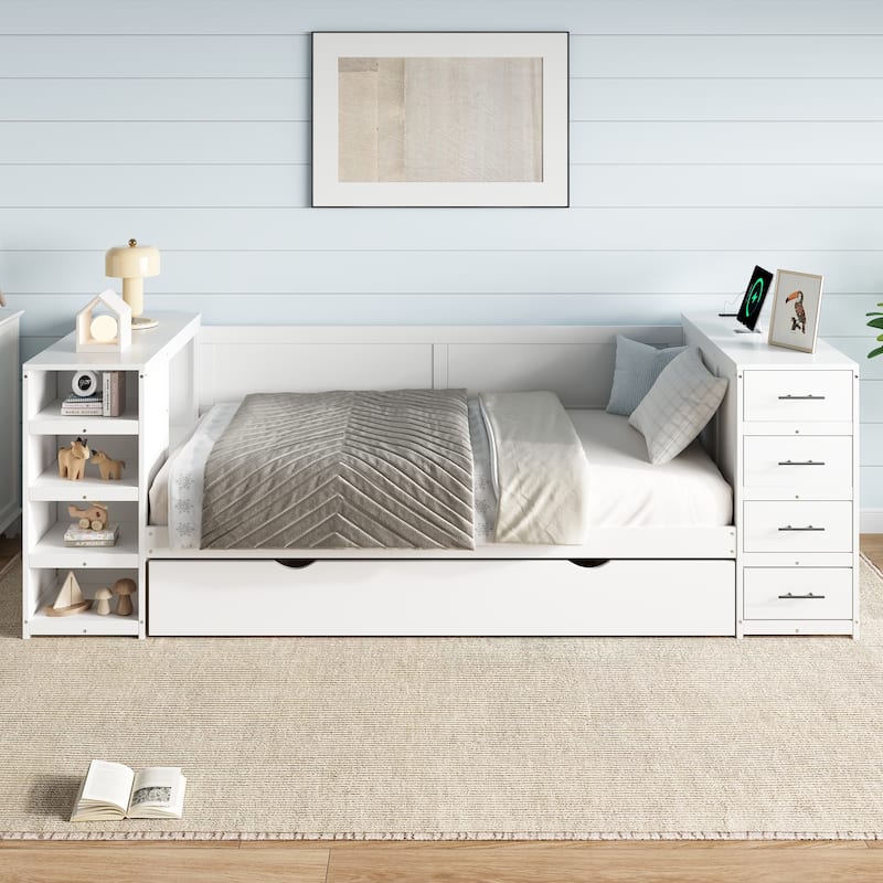White Wooden Twin Size Daybed with Drawer and USB