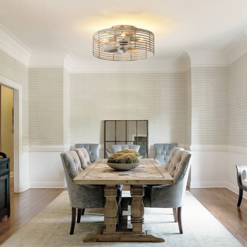 18" Antique White Caged 4-Light Low-Profile Flush Mount Ceiling Fan with Remote