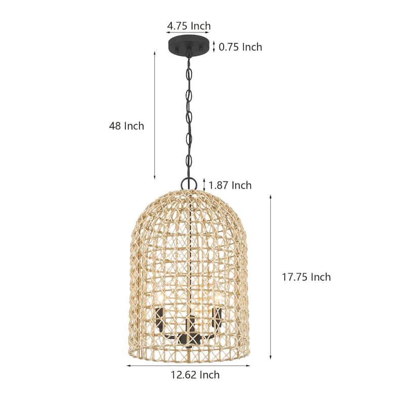 3-Light Dimmable Dome Pendant Light Rope Chandelier with Black Metal Chain