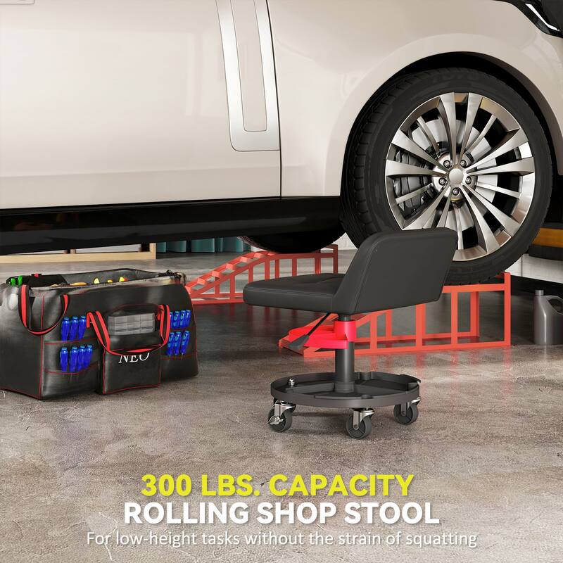HOMCOM Rolling Mechanic Stool, 300 LBS. Capacity Pneumatic Creeper Garage Stool with 360° Wheels, Tool Tray, Black