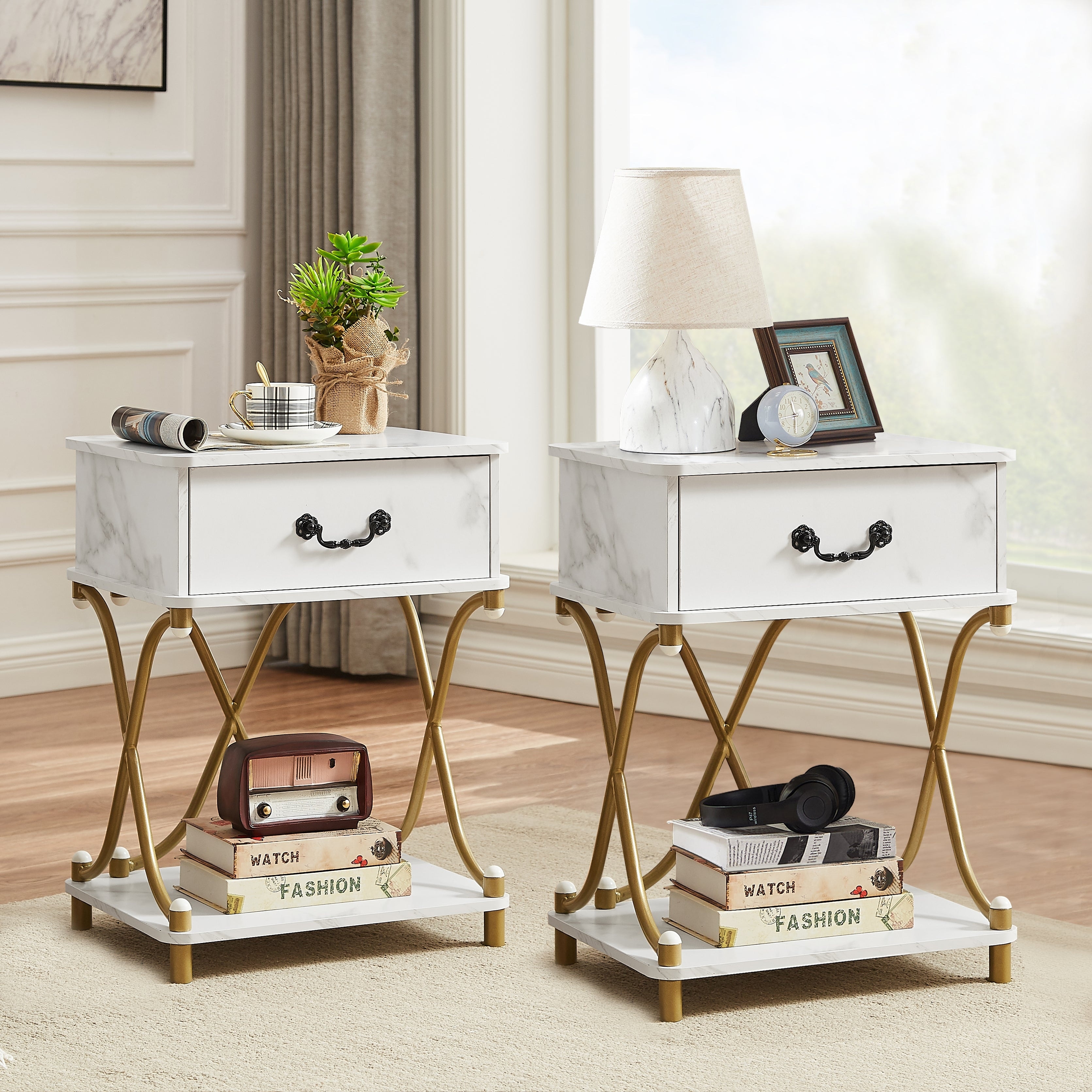 Modern X-Design Nightstand with 1 Drawer & Storage Shelf-image