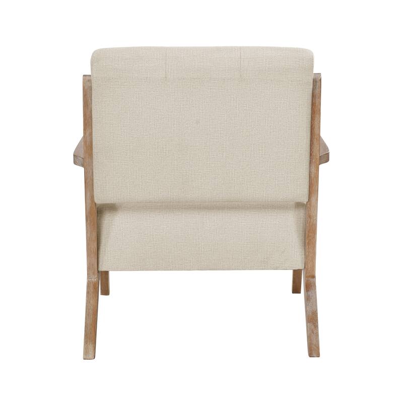 Unique Design Fabric Armchair with Antique Natural Finish and Tufted Back
