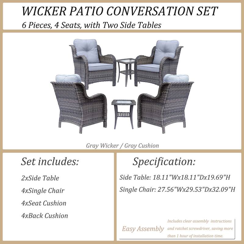6 Piece Outdoor Wicker Rattan Patio Conversation Furniture Chairs Sets