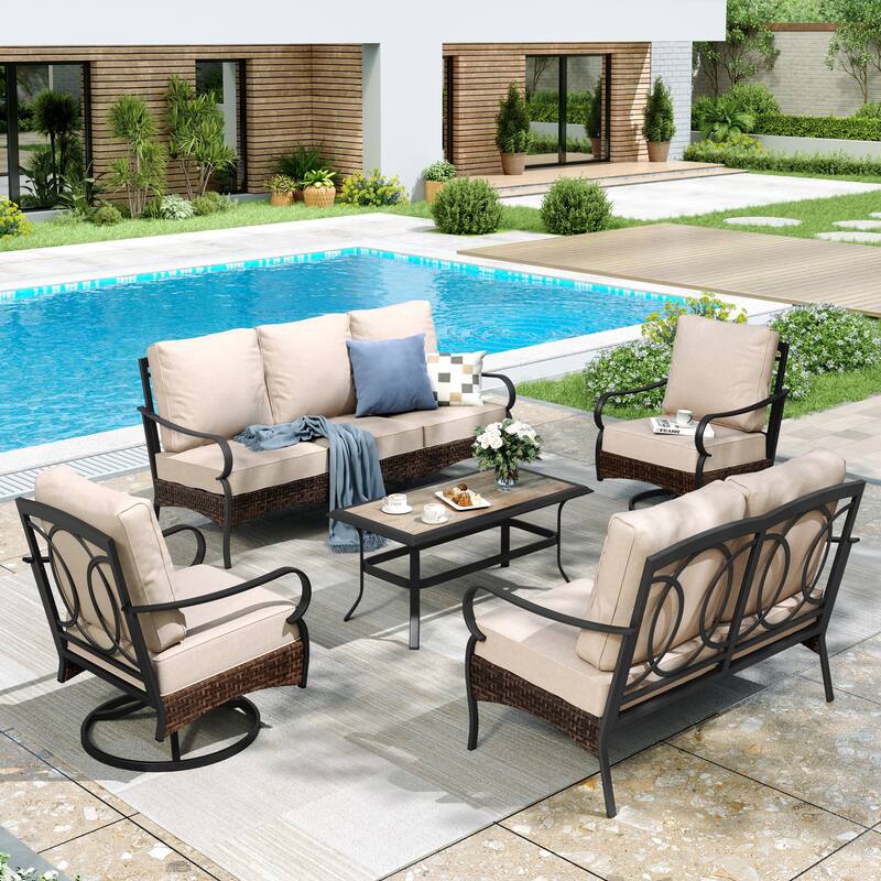 MAISON ARTS Modern Outdoor Patio Furniture Set with Waterproof Cushions - 5-Piece Wicker & Metal Conversation Set - Swivel Chair - Beige