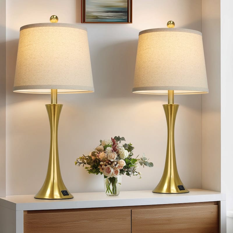 Set of 2 Modern 26-Inch Table Lamps with Dual USB Charging Ports and Oatmeal Fabric Shades - 12'' x 12'' x 27.5''