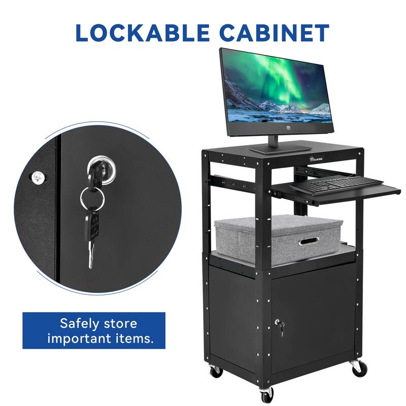 Adjustable AV Cart with Lock Cabinet and Keyboard Tray and USB Ports