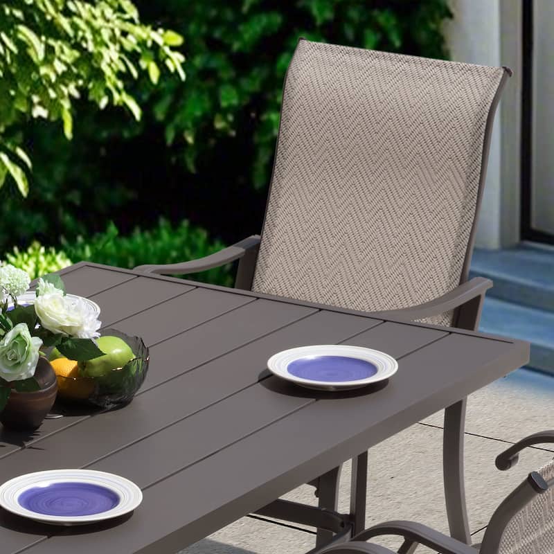 Patio 7-Piece Textilene Dining Set with Umbrella Hole, Beige and Gray