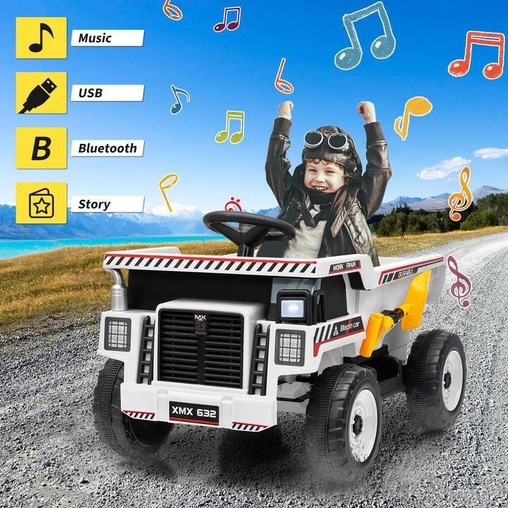 12V Ride-On Dump Truck with Remote Control, Automatic Lift Bed, Shovel & Music Player – for Kids Ages 3–8