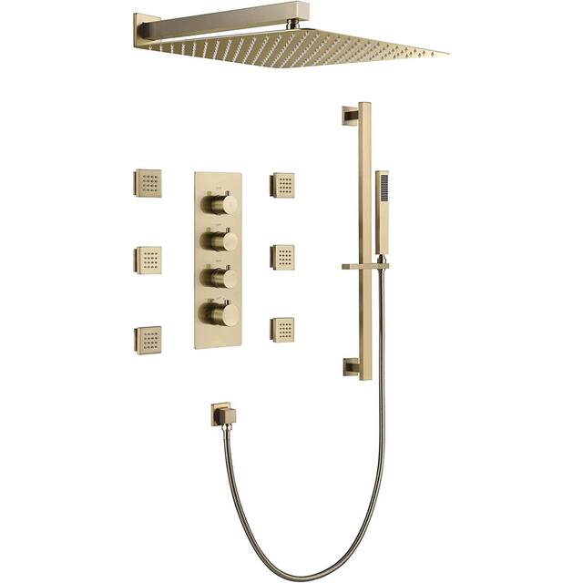 16" Wall Mount Rainfall 3 Way Thermostatic Faucet Shower System with Slide Bar, 6 Jets - Brushed Gold