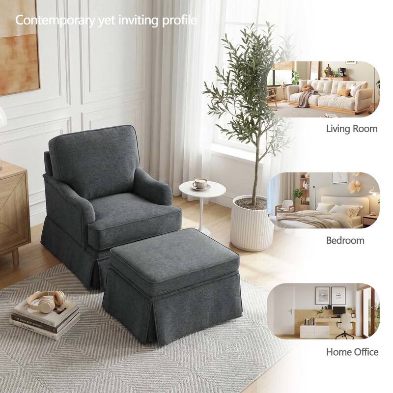 Modern Chenille Swivel Armchair and Storage Ottoman