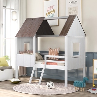 Nestfair Twin Size Low Loft Wood House Bed with Two Side Windows - Bed ...