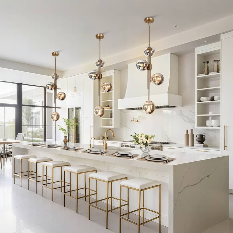 Bela Modern Gold 4-Light Chandelier Orb Mercury Glass Pendant Lights for Kitchen Island - W13.4" x H96.5" MAX